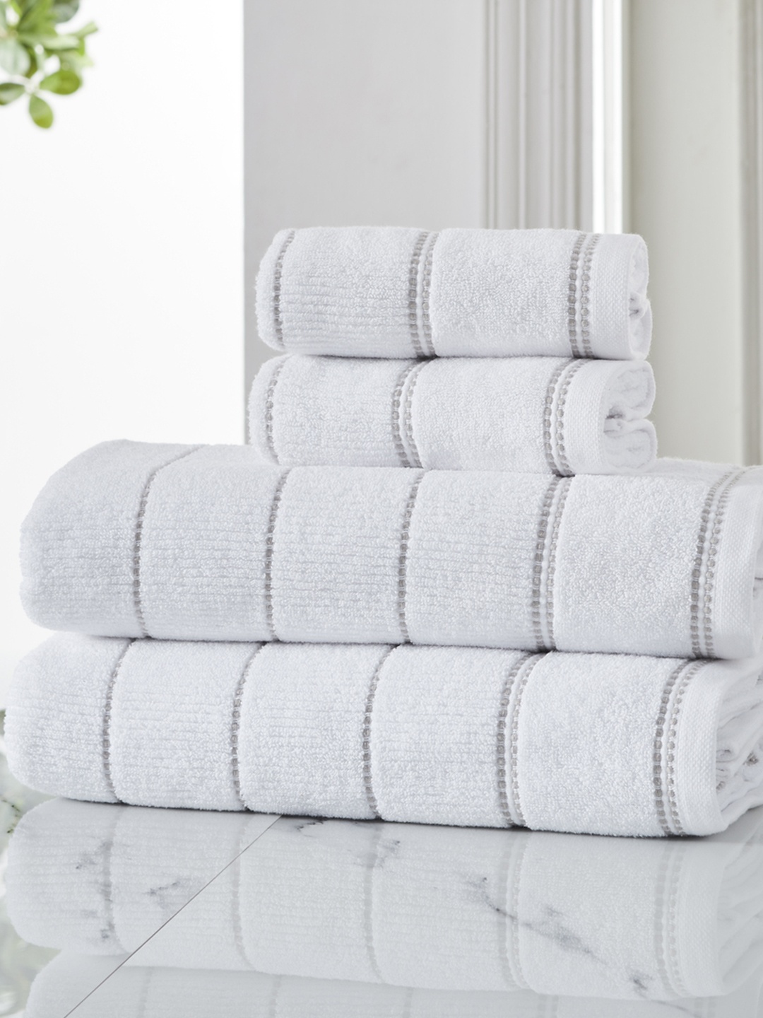 

HOUMN Symmetry White 4 Pieces 600 GSM Striped Terry Cotton Towel Set