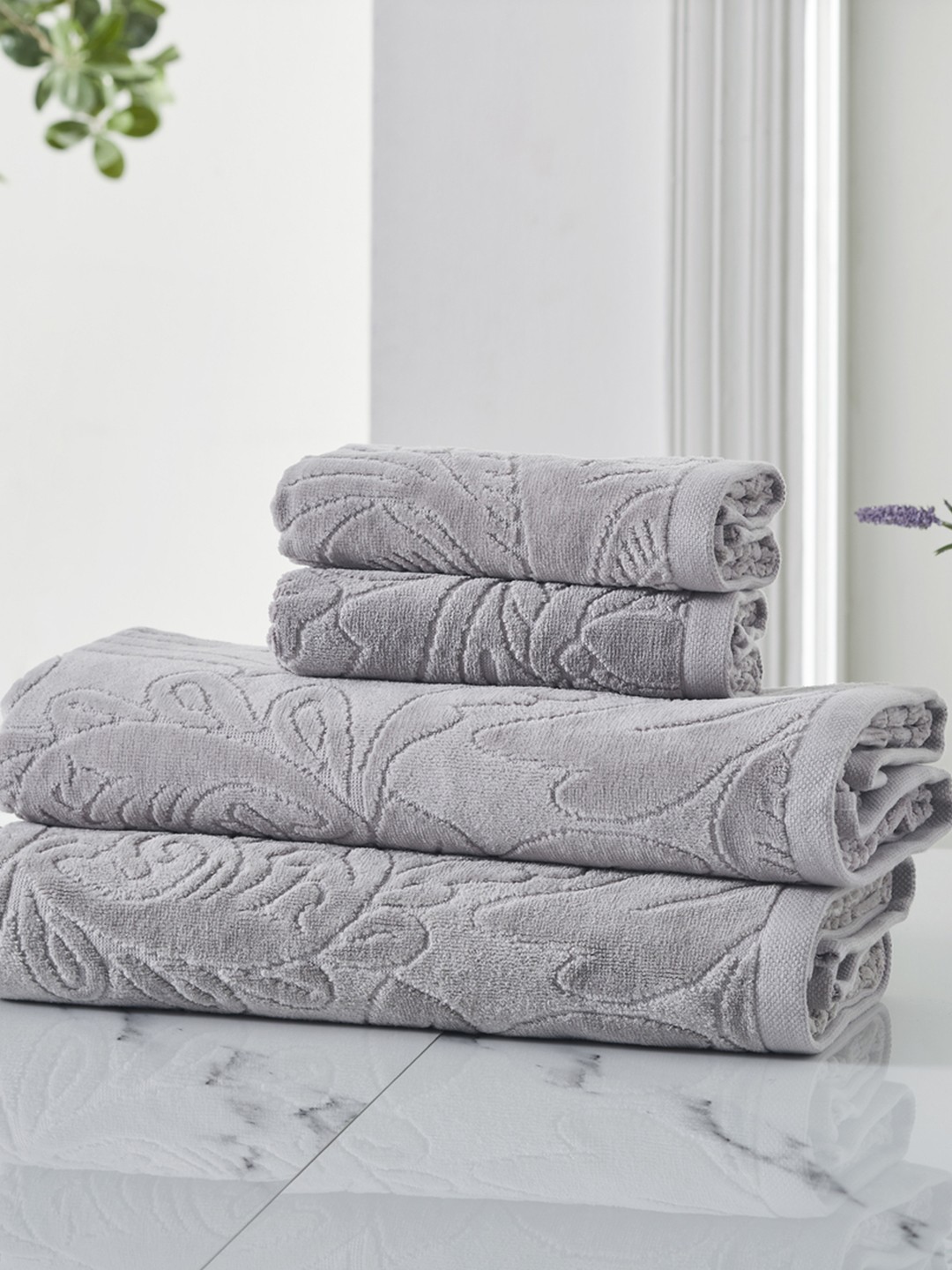 

HOUMN Accent Grey 4 Pieces 550 GSM Self-Designed Terry Cotton Towel Set