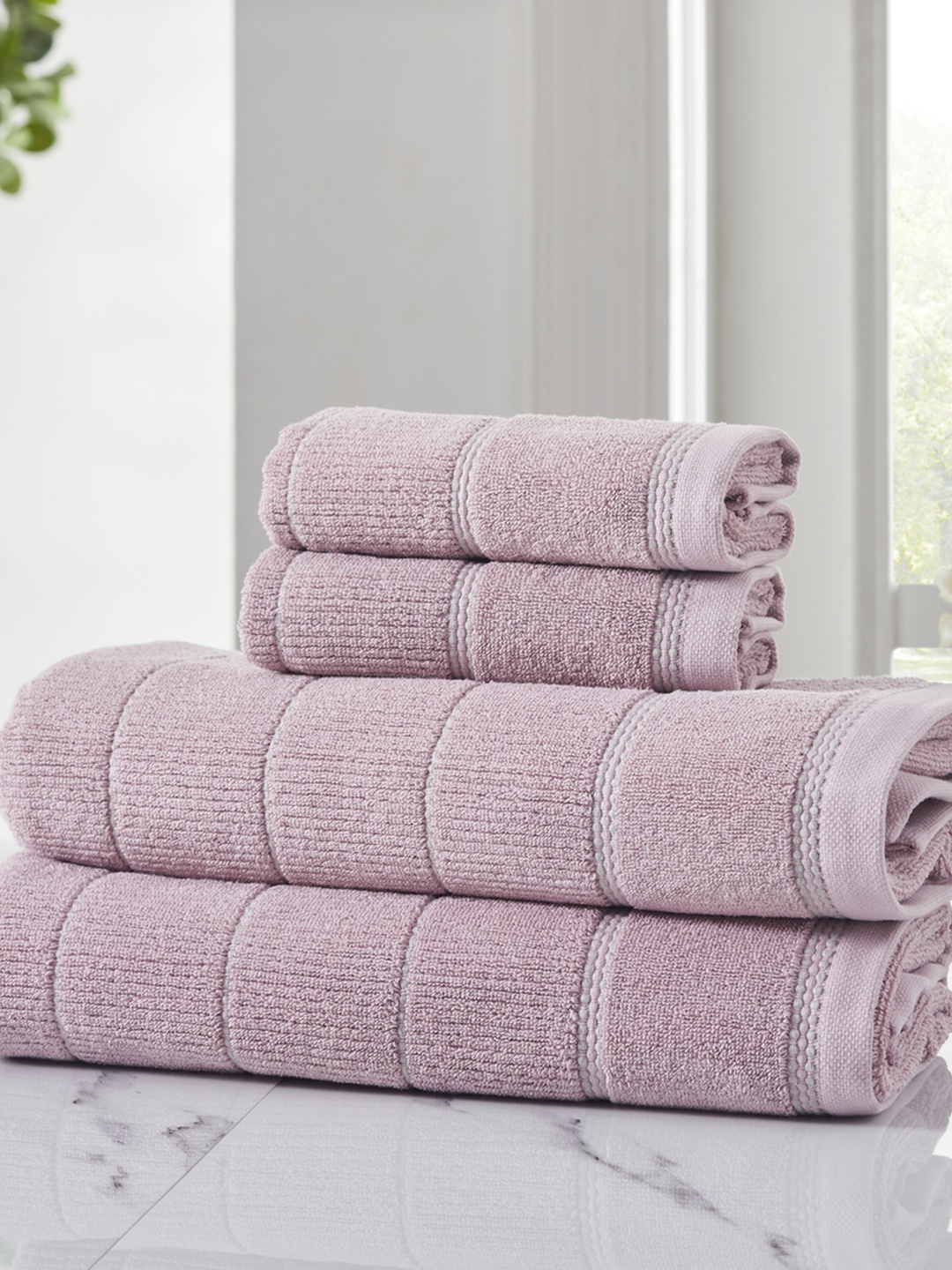 

HOUMN Symmetry Pink 3 Pieces 600 GSM Striped Terry Cotton Towel Set