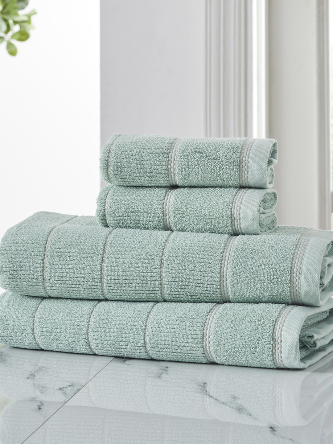 

HOUMN Symmetry Green 4 Pieces 600 GSM Striped Terry Cotton Towel Set