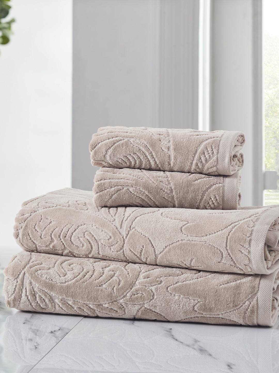 

HOUMN Accent Brown 4 Pieces 550 GSM Self-Designed Terry Cotton Towel Set
