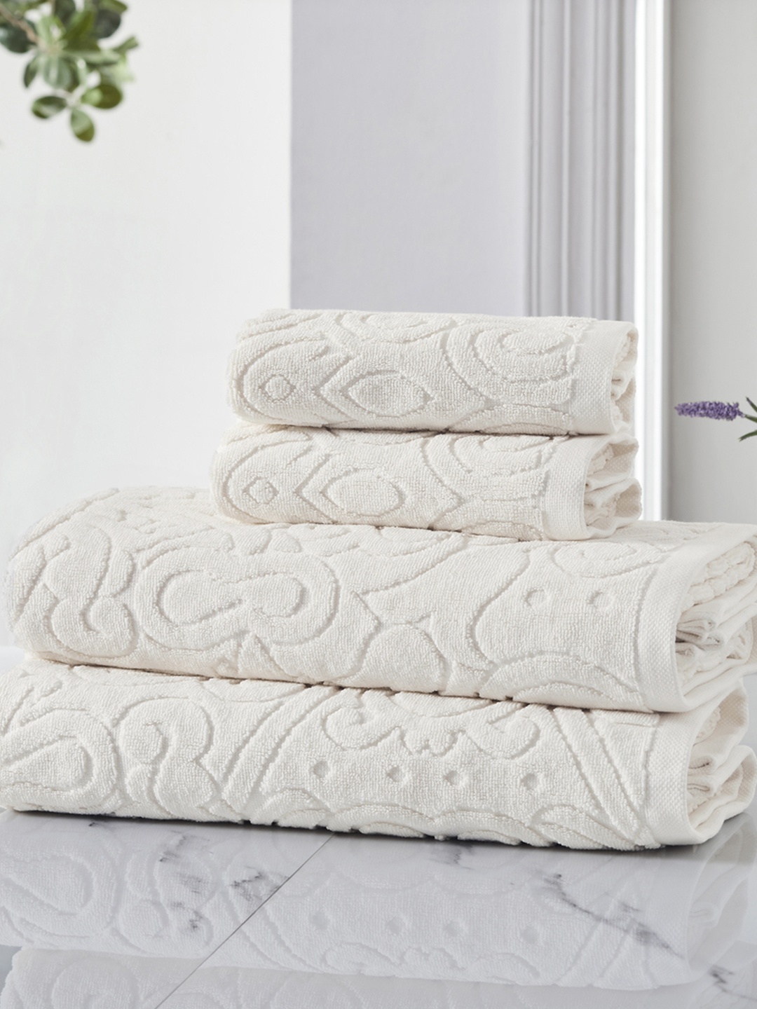 

HOUMN Daydream Cream-Coloured 4 Pieces 600 GSM Self-Designed Terry Cotton Towel Set