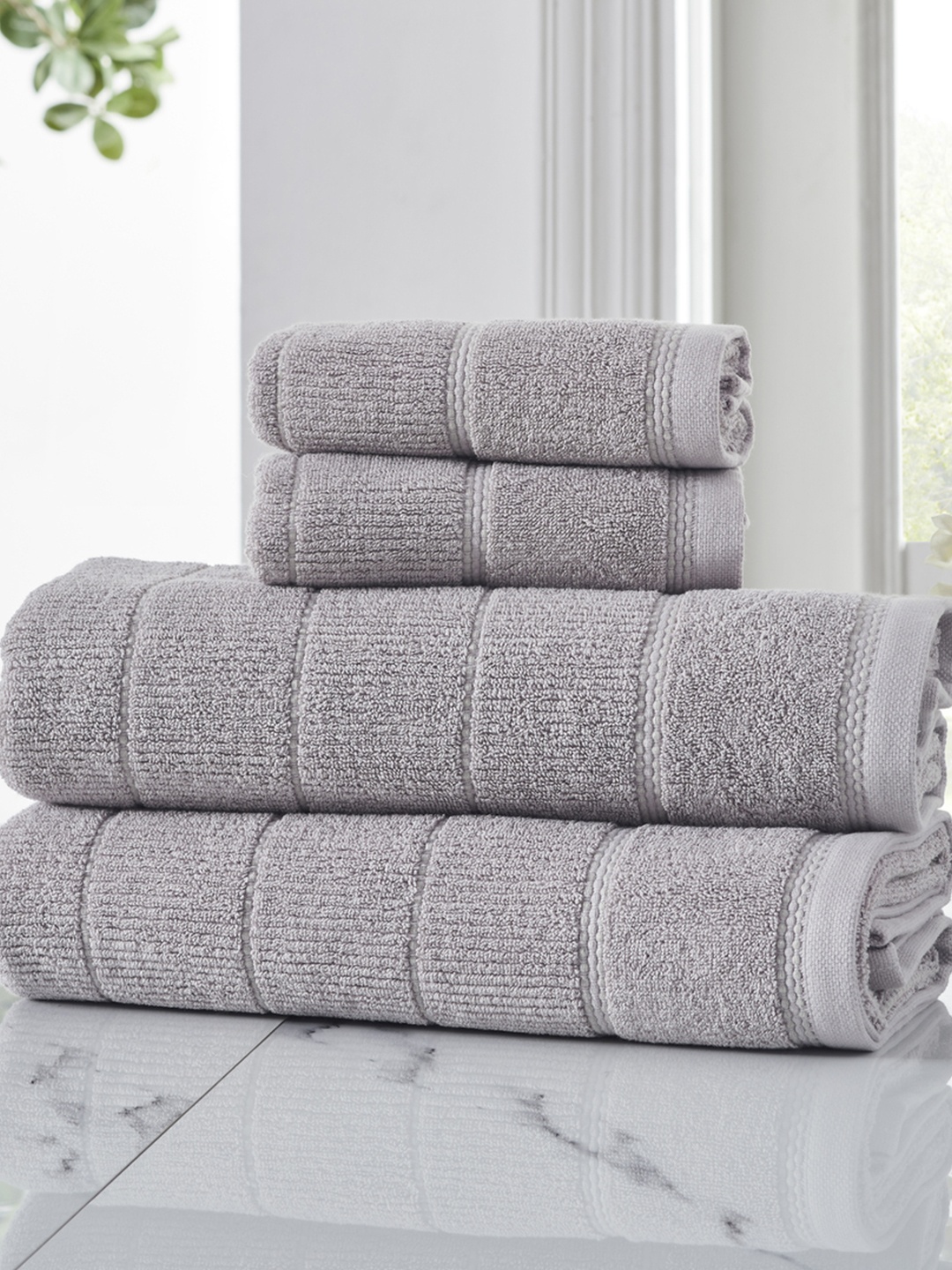 

HOUMN Symmetry Grey 4 Pieces 600 GSM Striped Terry Cotton Towel Set