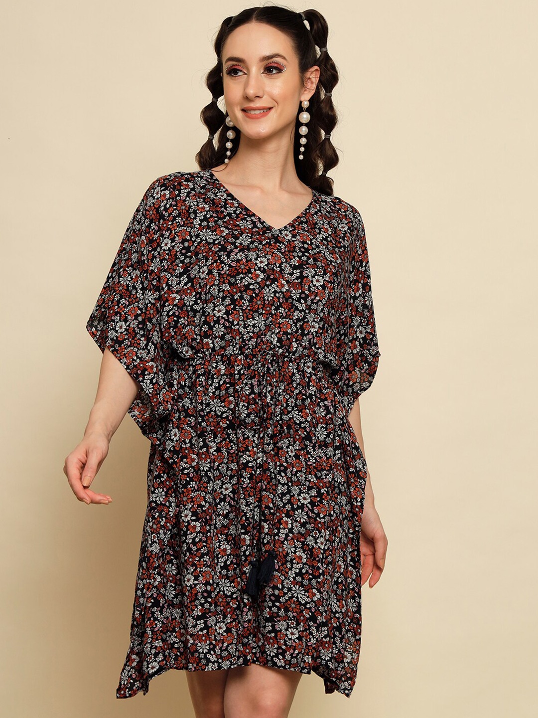 

Trend Arrest Floral Print Flared Sleeve Crepe A-Line Dress, Black