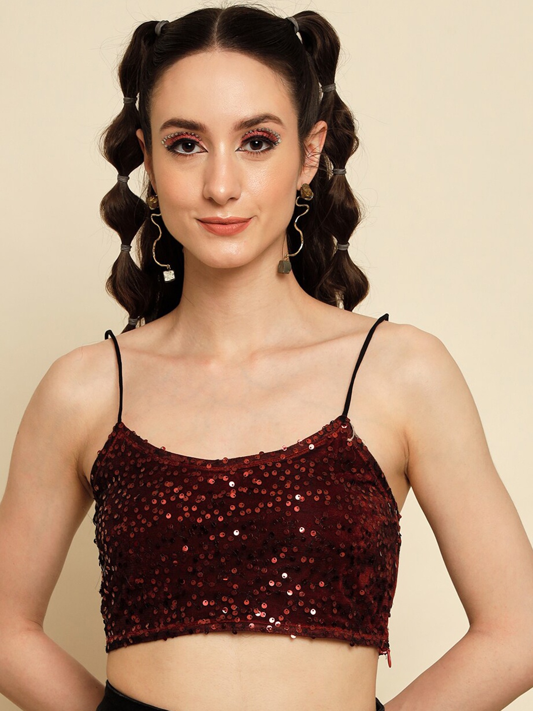 

Trend Arrest Shoulder Straps Sequined Embellished Fitted Crop Top, Red