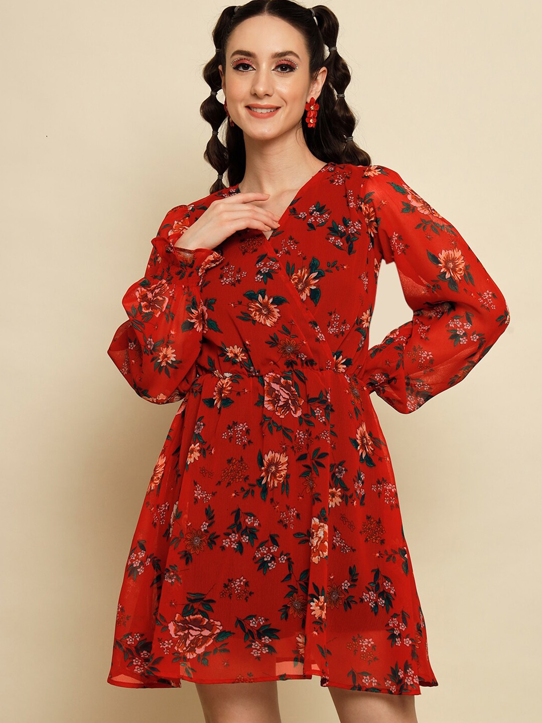 

Trend Arrest Floral Printed Puff Sleeves Fit & Flare Dress, Red