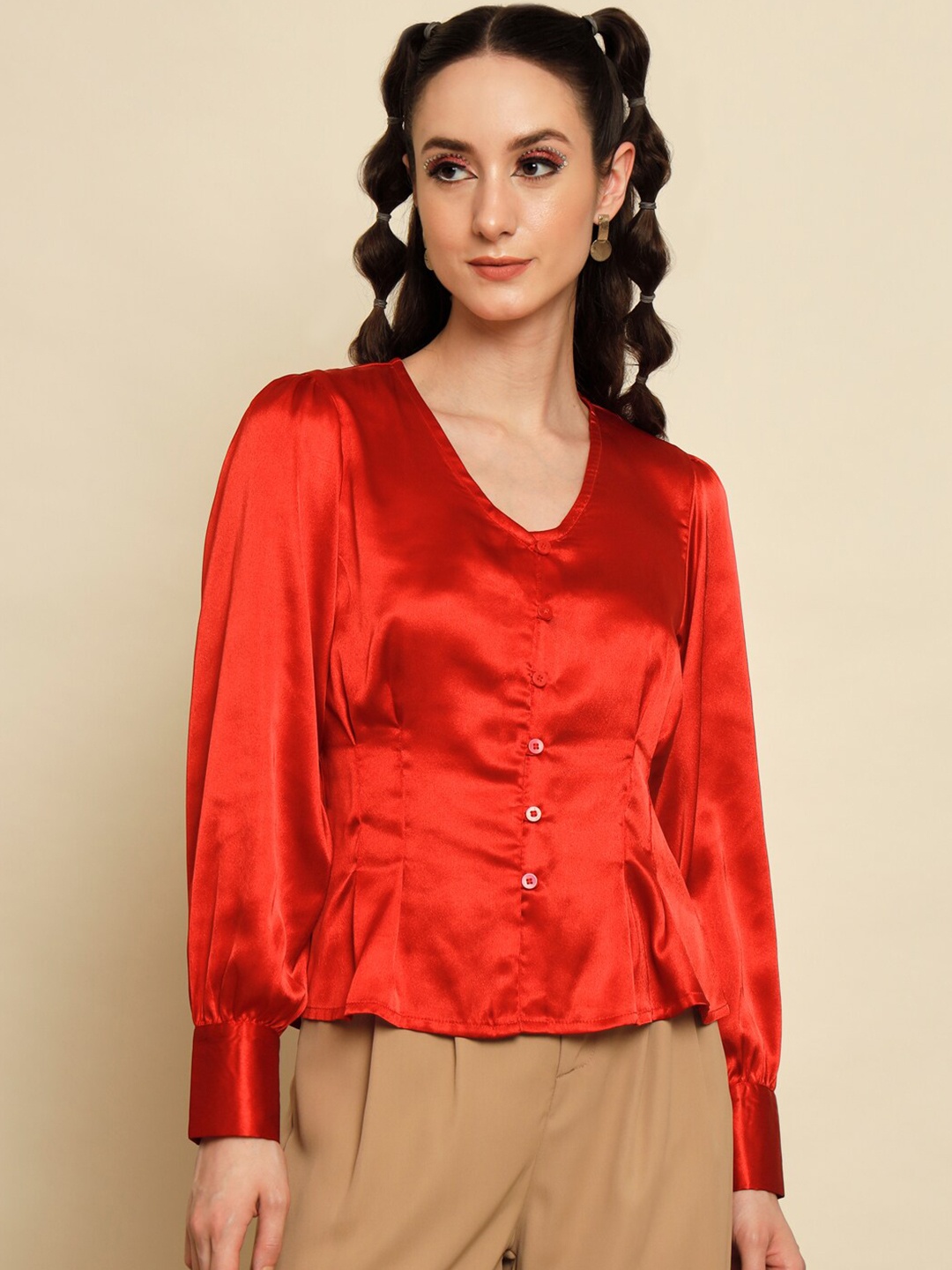 

Trend Arrest V-Neck Satin Peplum Top, Red