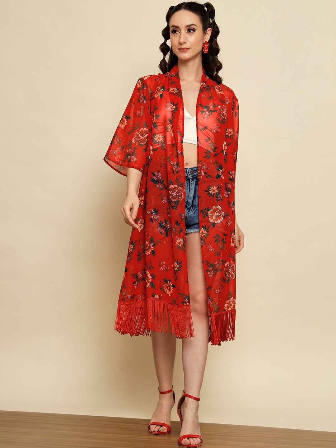 

Trend Arrest Floral Printed Longline Shrug, Red