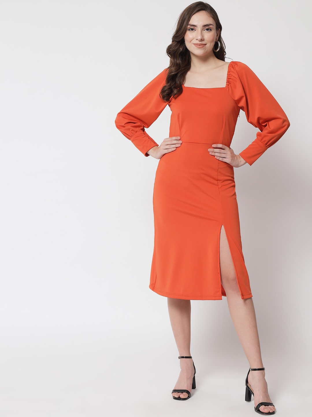 

Trend Arrest Bishop Sleeves Sheath Midi Dress, Orange