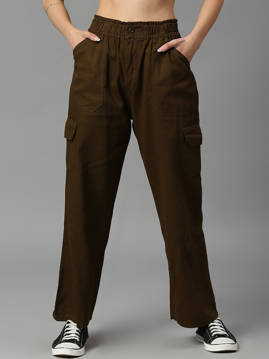 

High Star Women Cotton Straight Fit High-Rise Cargos Trousers, Brown