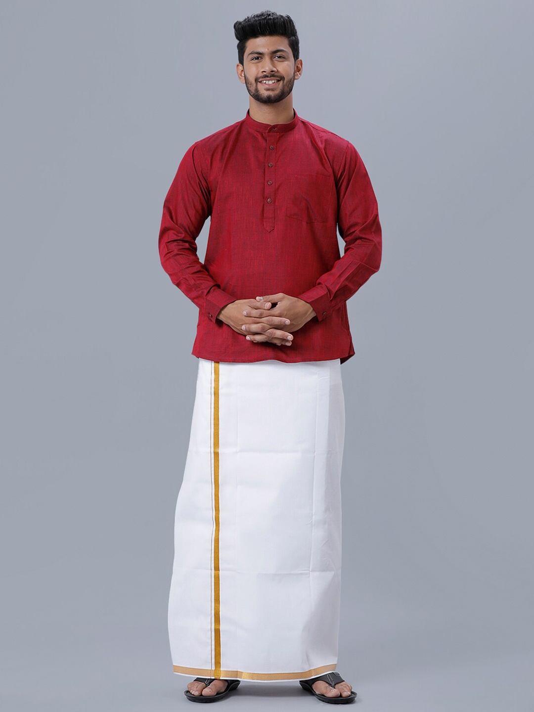 

Ramraj Men Mandarin Collar Long Sleeves Pure Cotton Shirt & Veshti, Maroon
