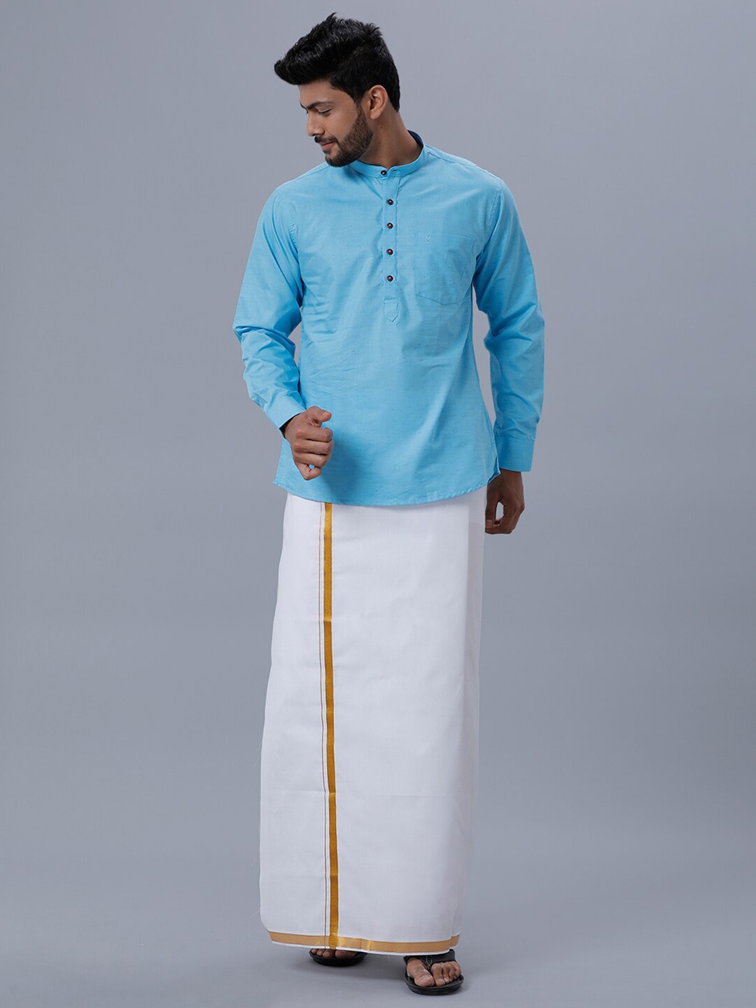 

Ramraj Men Kurta with Jari Single Pure Cotton Dhoti Set, Blue
