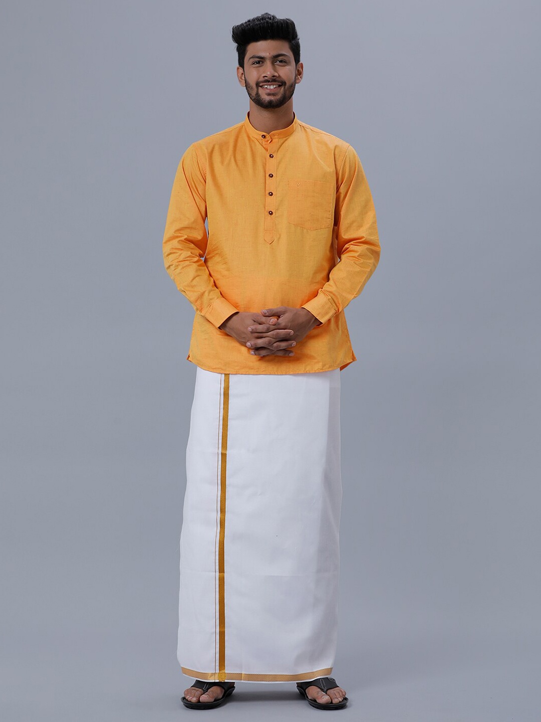 

Ramraj Men Pure Cotton Spread Collar Shirt & Veshti, Orange