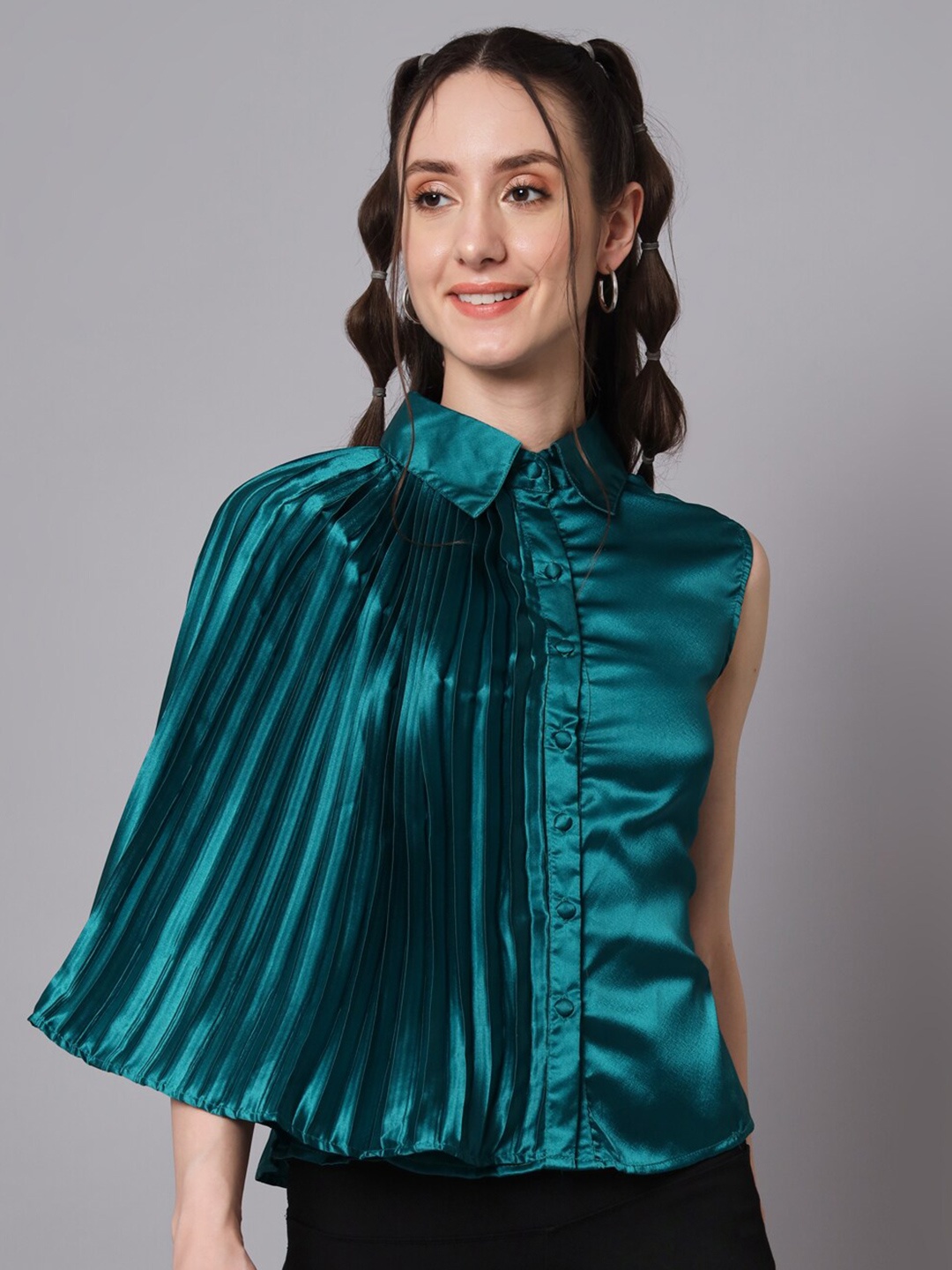 

The Dry State Shirt Collar Gathered Or Pleated Satin Shirt Style Top, Teal