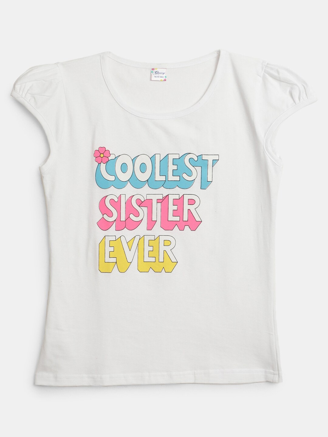 

V-Mart Girls Typography Printed Puffed Sleeves Cotton T-shirt, White