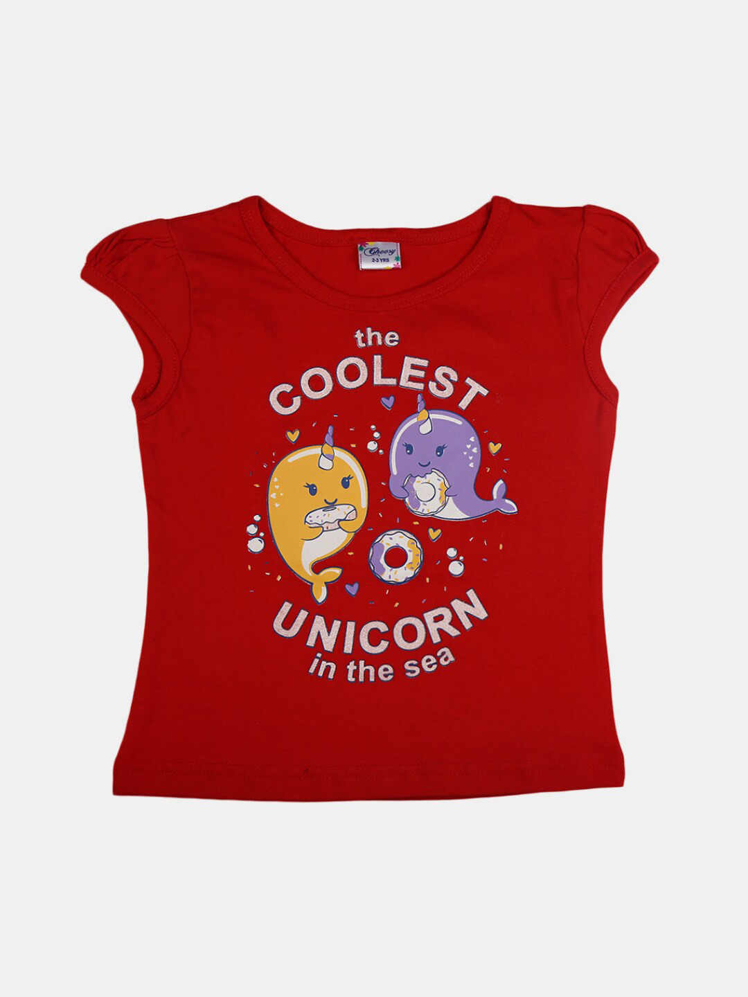 

V-Mart Girls Graphic Printed Puffed Sleeves Cotton T-shirt, Red