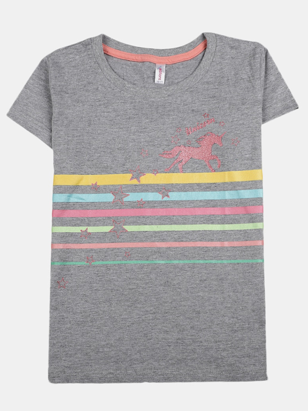 

V-Mart Girls Striped Round Neck Cotton T-shirt, Grey melange