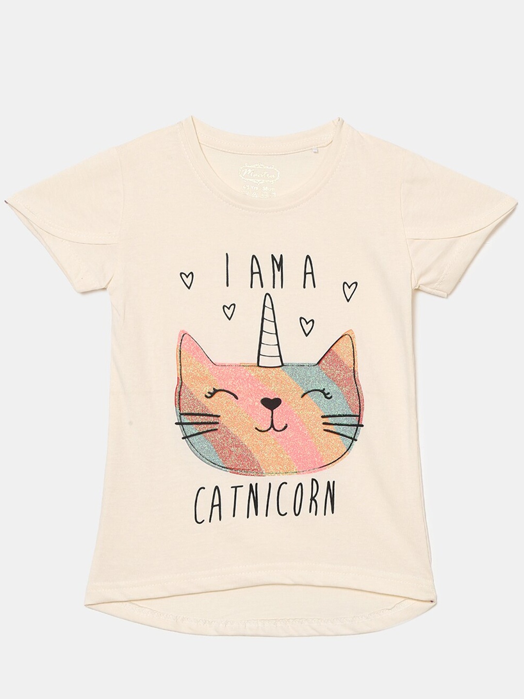 

V-Mart Girls Graphic Printed Round Neck Cotton T-shirt, Cream