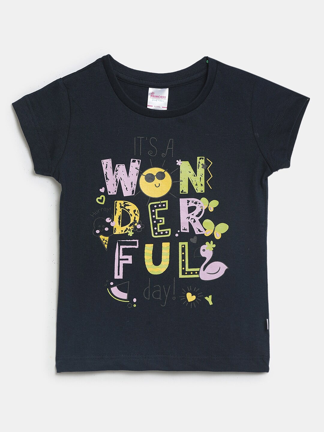 

V-Mart Girls Typography Printed Cotton T-shirt, Navy blue