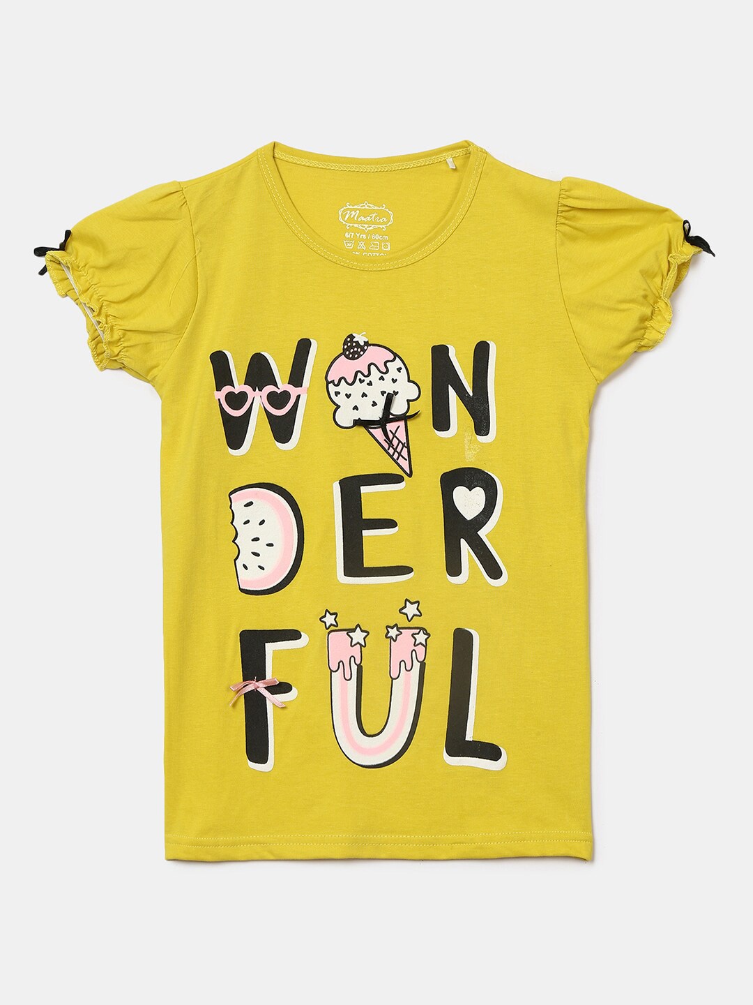 

V-Mart Girls Typography Puff Sleeve Cotton T-shirt, Yellow