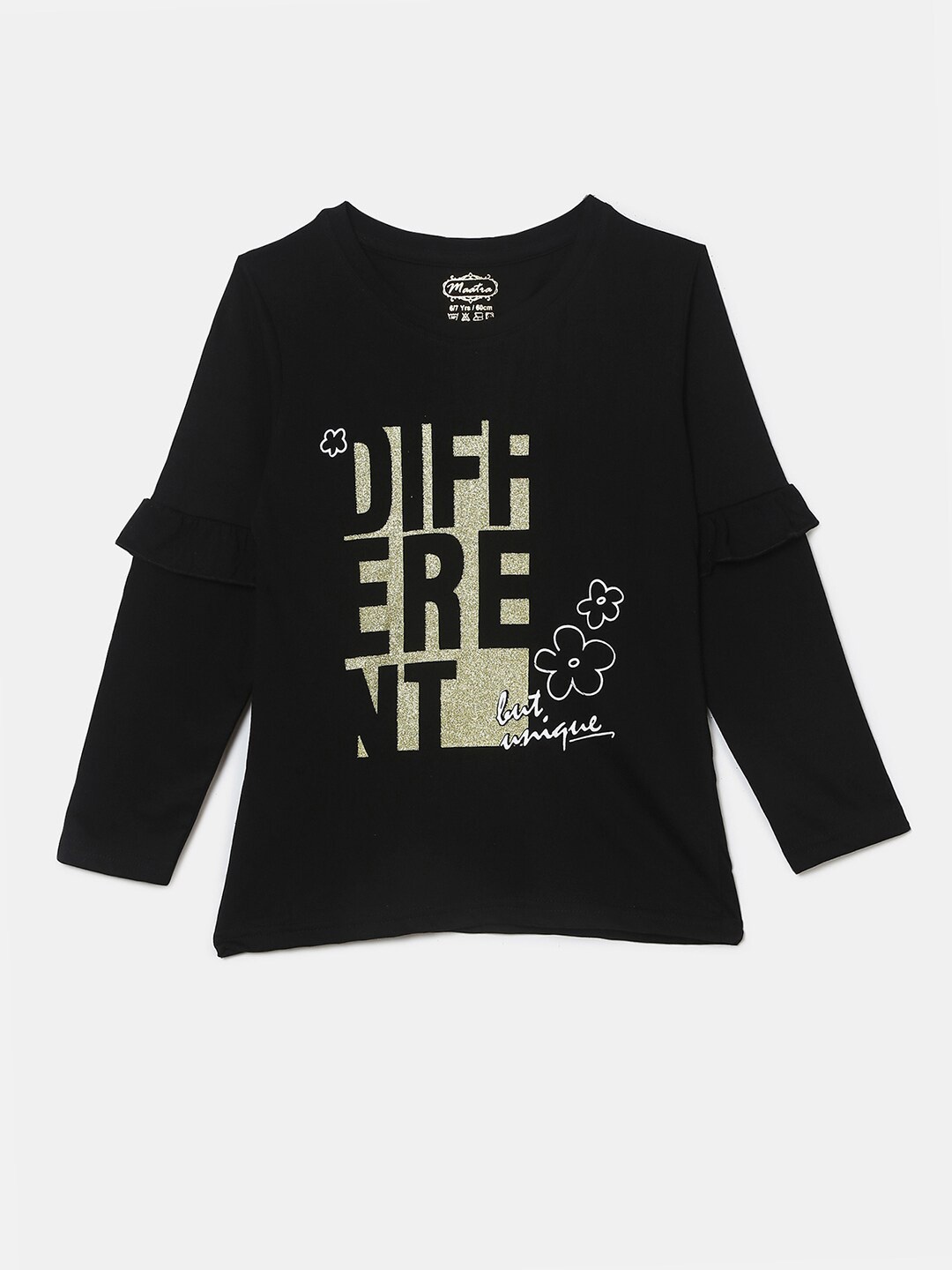 

V-Mart Girls Typography Long Sleeve Ruffle Detail Cotton T-shirt, Black