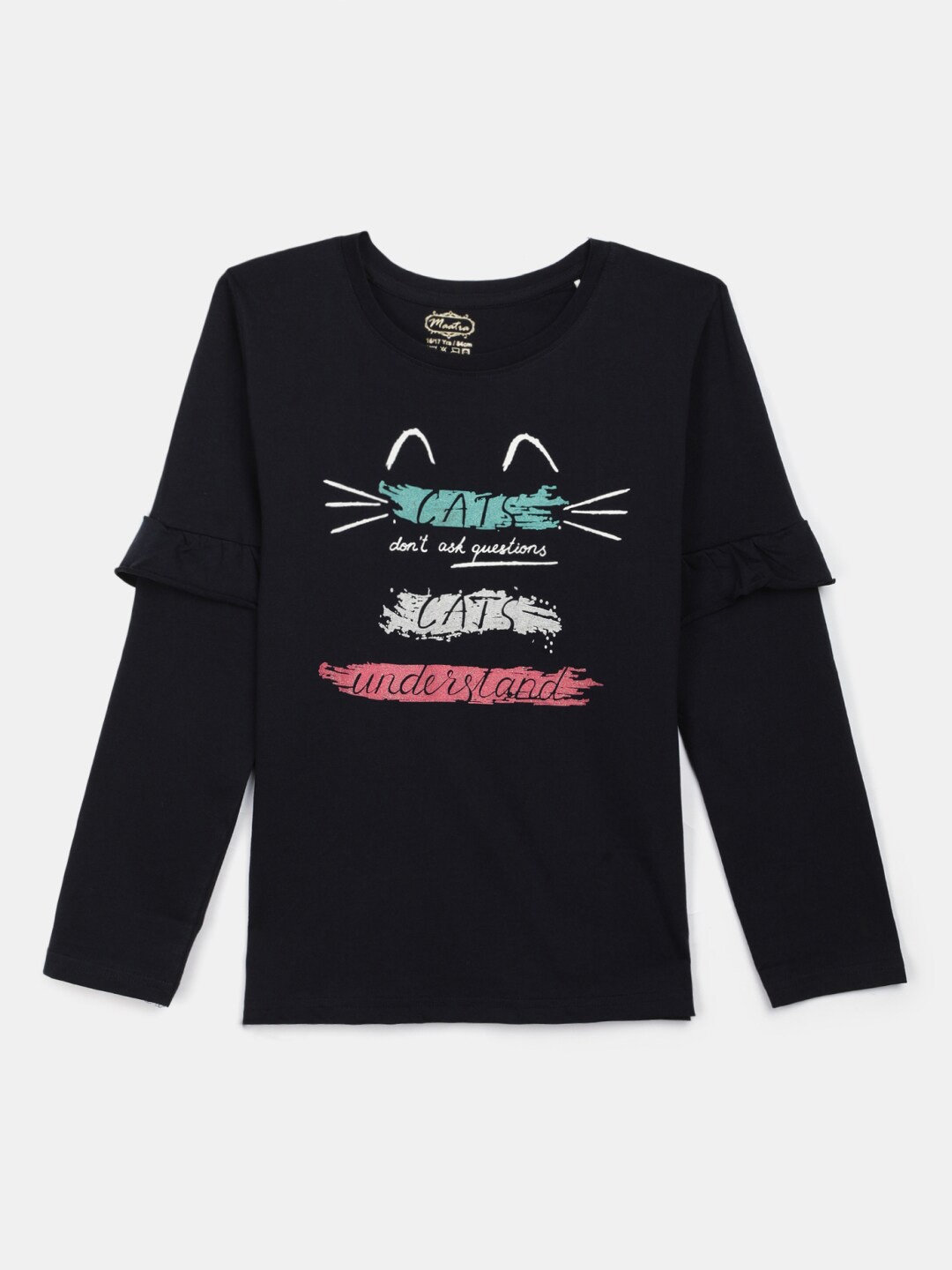 

V-Mart Girls Typography Long Sleeve Ruffle Detail Cotton T-shirt, Navy blue