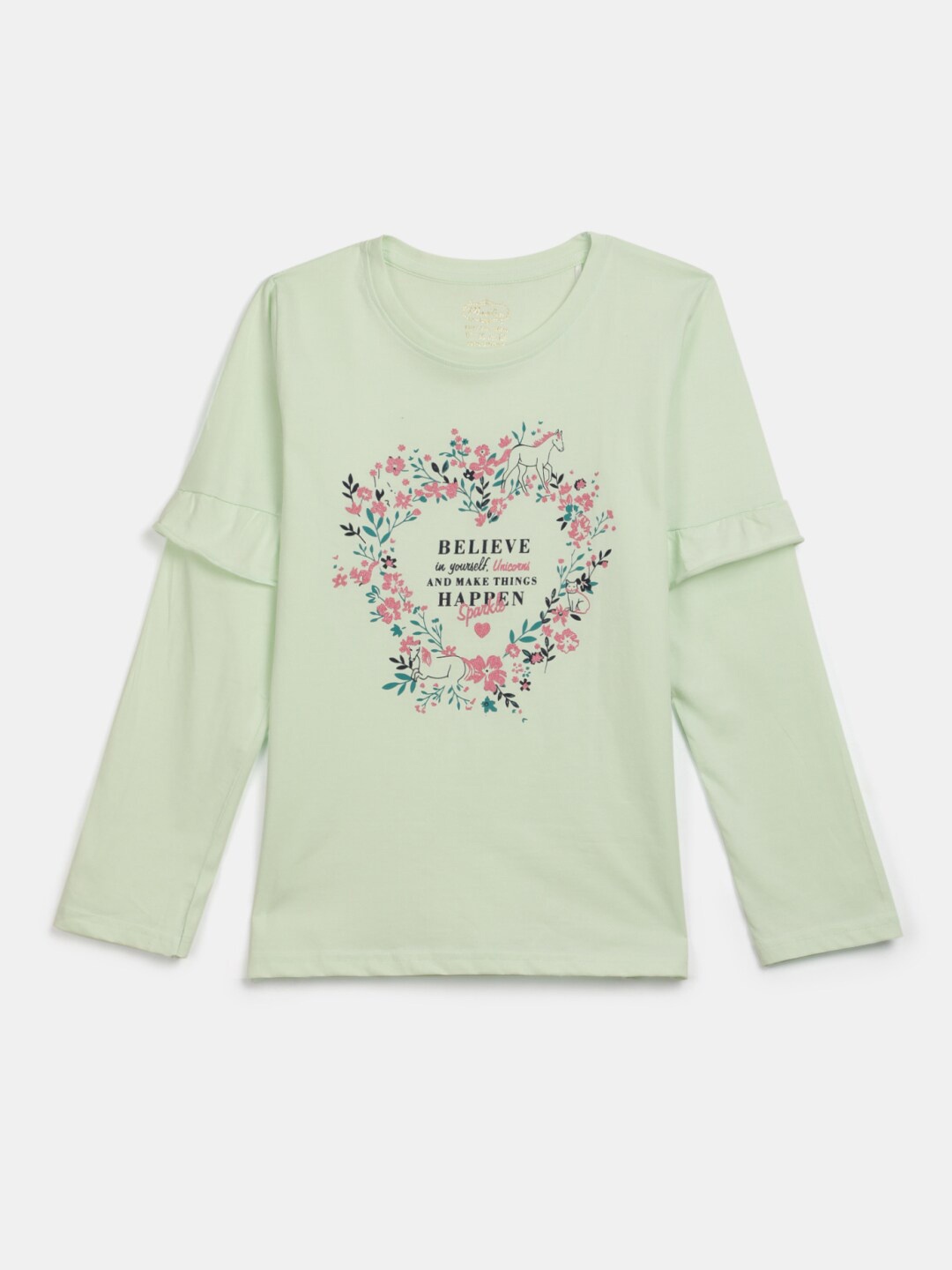 

V-Mart Girls Floral Printed Long Sleeves Cotton T-shirt, Green