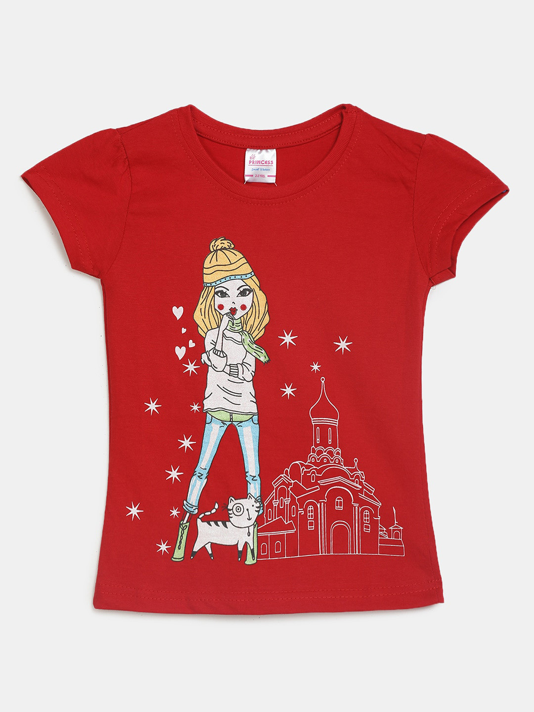 

V-Mart Girls Graphic Printed Cotton T-shirt, Red