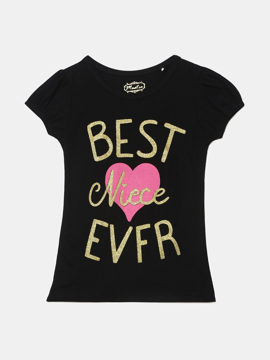 

V-Mart Girls Typography Printed Puff Sleeves Cotton T-shirt, Black