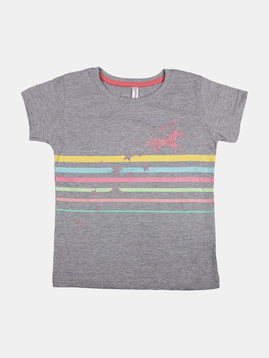 

V-Mart Girls Striped Cotton T-shirt, Grey melange