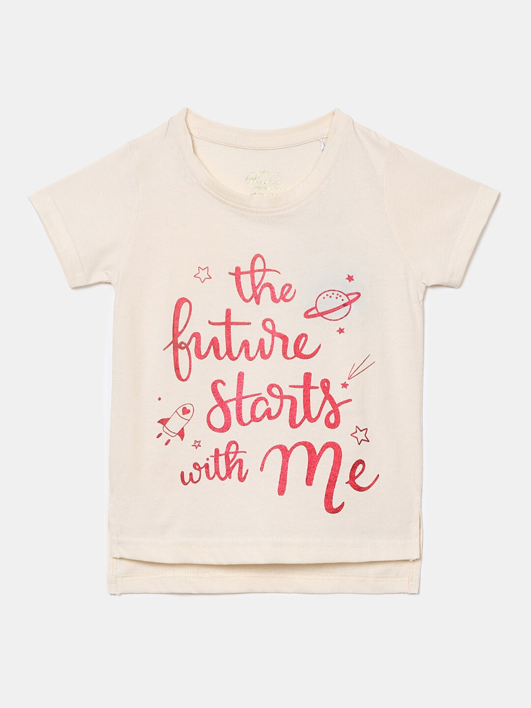 

V-Mart Girls Typography Printed Cotton T-shirt, Cream