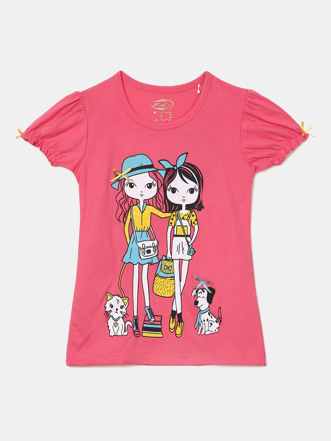 

V-Mart Girls Graphic Printed Puff Sleeves Cotton T-shirt, Fuchsia
