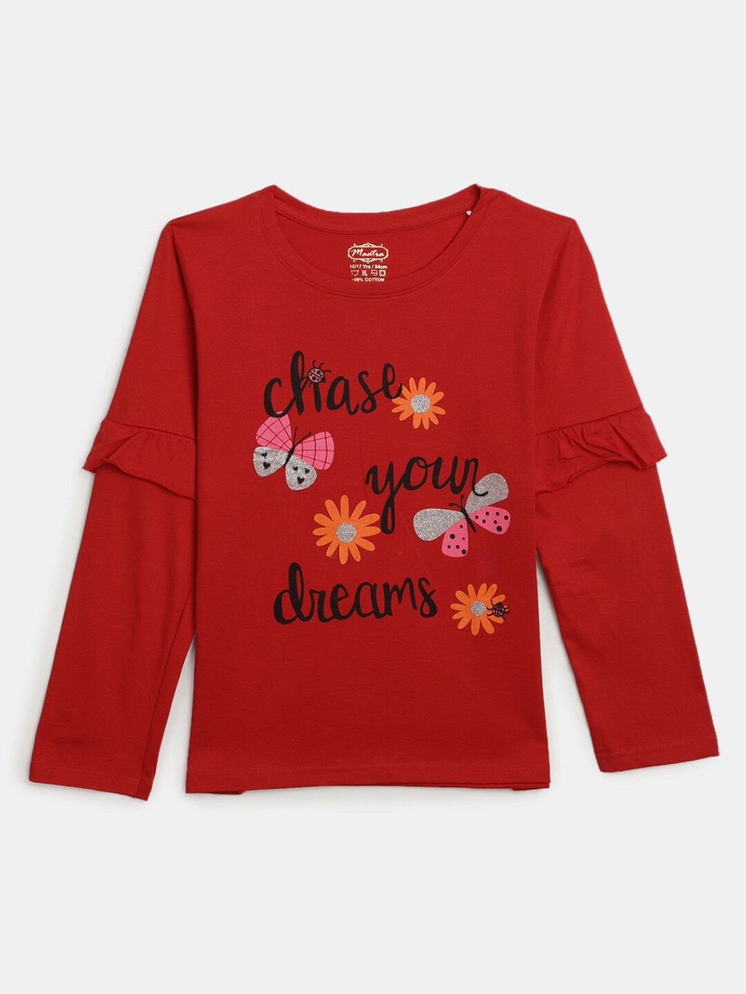 

V-Mart Girls Typography Printed Round Neck Long Sleeves Cotton T-shirt, Red