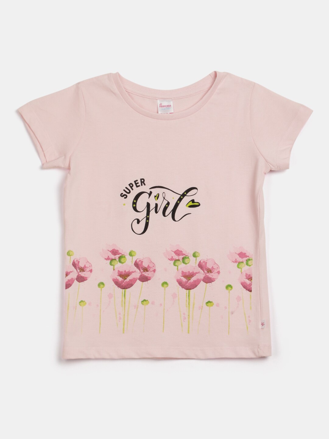 

V-Mart Girls Floral Printed Knitted Cotton T-Shirt, Peach