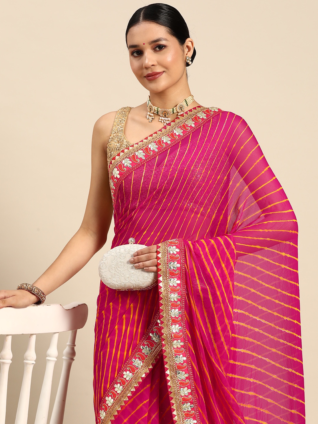 

SAARYA Leheriya Gotta Patti Poly Chiffon Leheriya Saree, Pink