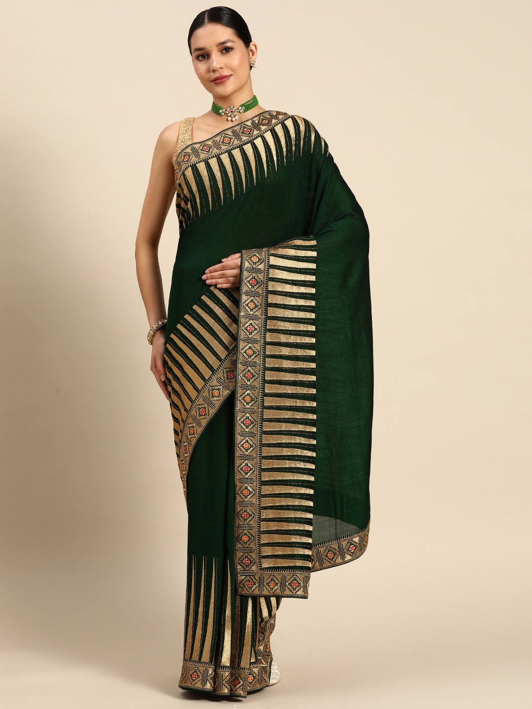 

SAARYA Beads and Stones Poly Georgette Saree, Green