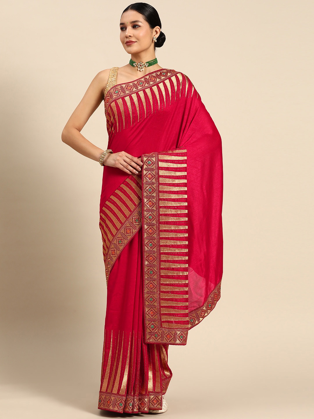 

SAARYA Beads and Stones Poly Georgette Saree, Pink