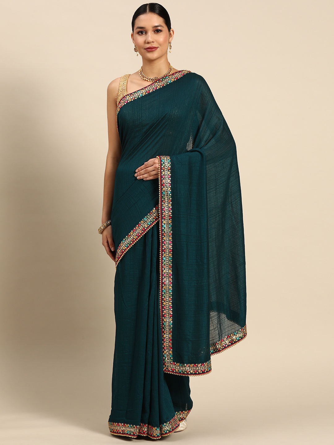 

SAARYA Zari Poly Georgette Saree, Teal