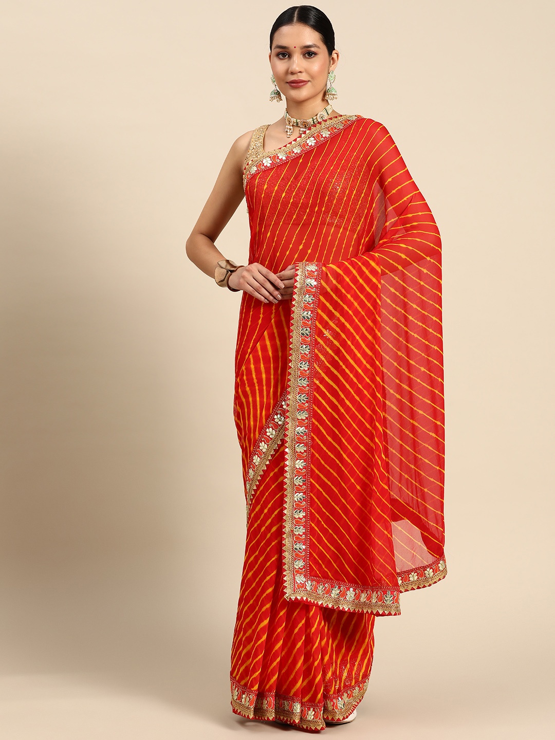 

SAARYA Leheriya Gotta Patti Poly Chiffon Leheriya Saree, Red