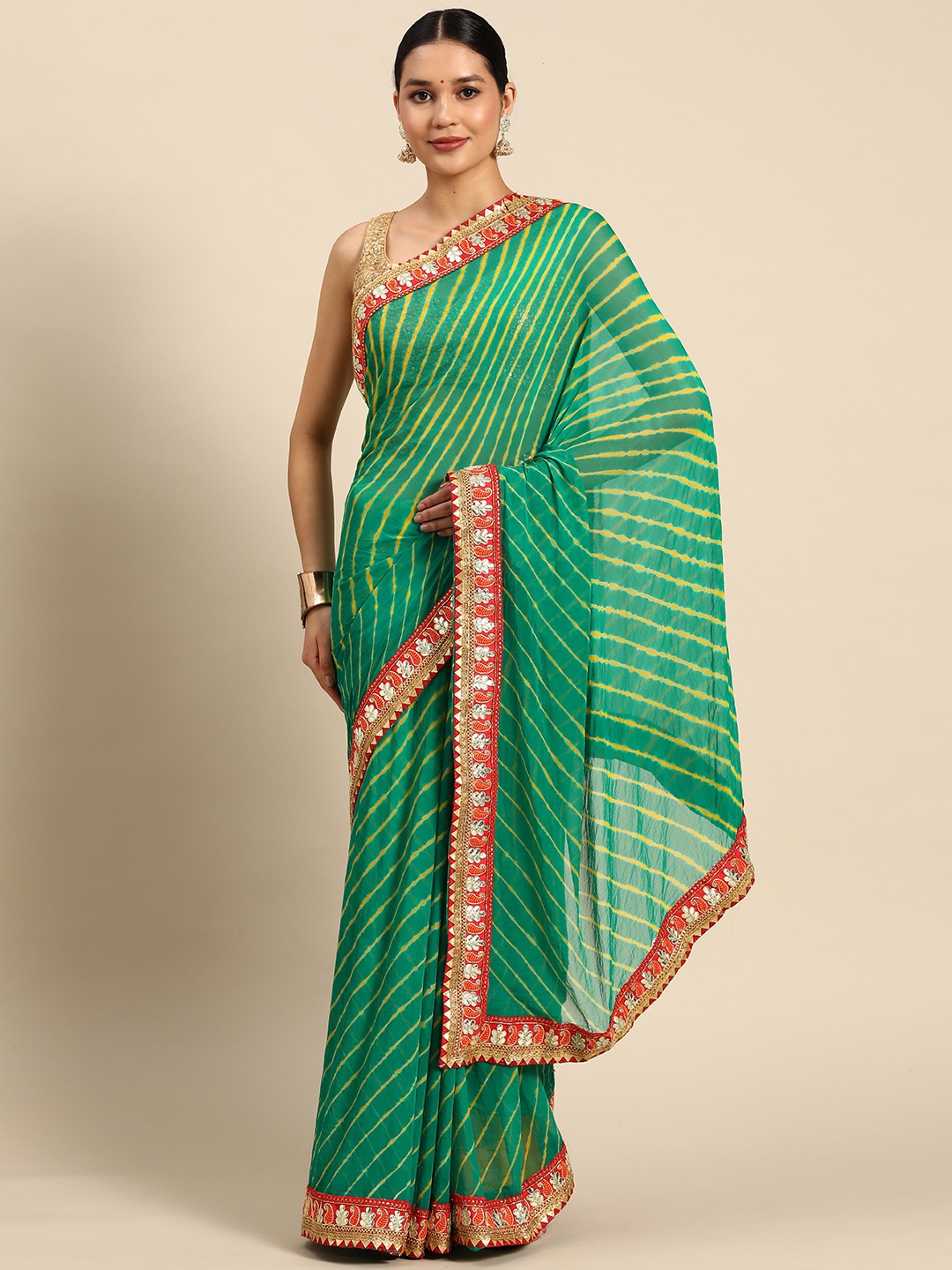 

SAARYA Gotta Patti Poly Chiffon Leheriya Saree, Green