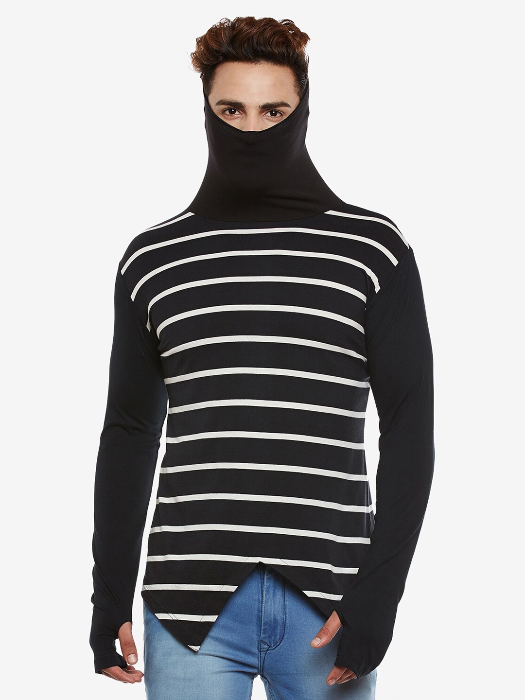 

Hypernation Striped High Neck Long Sleeves Cotton Slim Fit T-shirt, Black