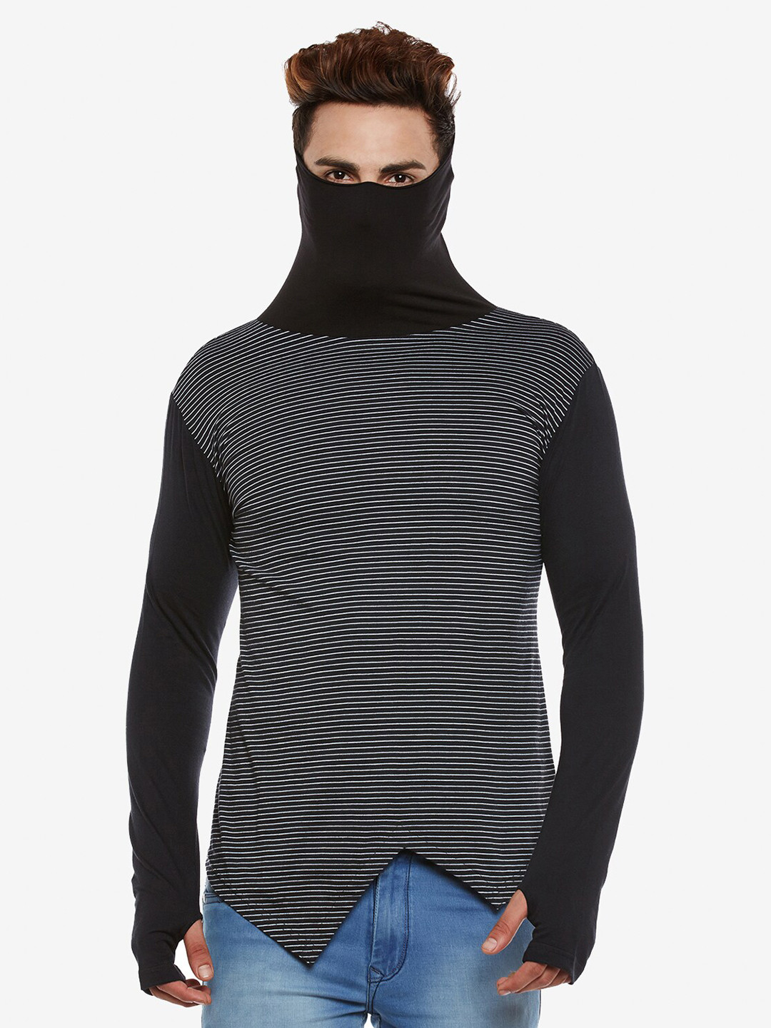 

Hypernation Striped Monochrome High Neck Cotton T-shirt with Inbuilt Gloves, Black