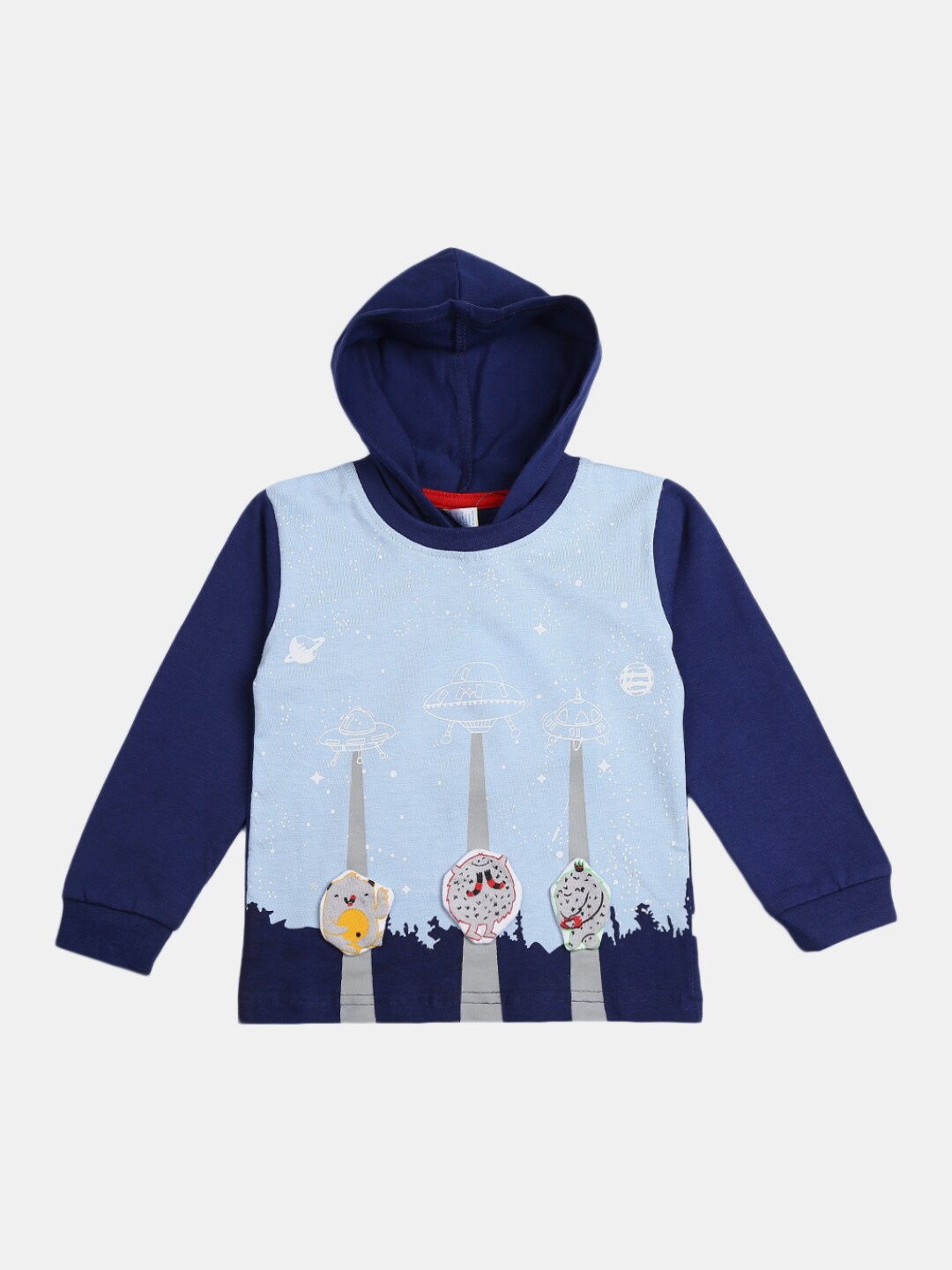 

V-Mart Infants Blue Space Ship Printed Hooded Single Jersey Cotton T-shirt