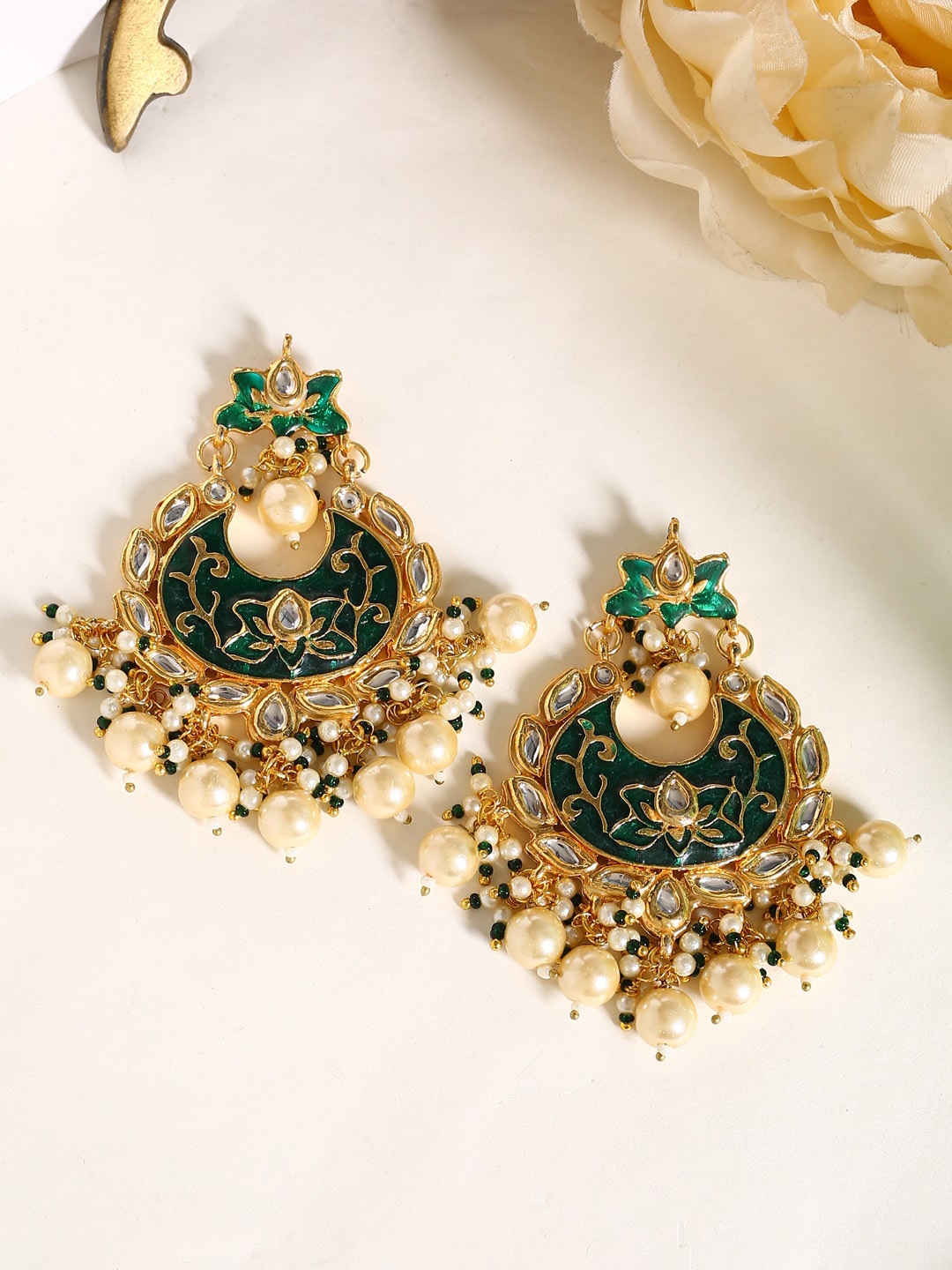 

Shoshaa Gold-Plated Kundan Classic Chandbalis Earrings, Green