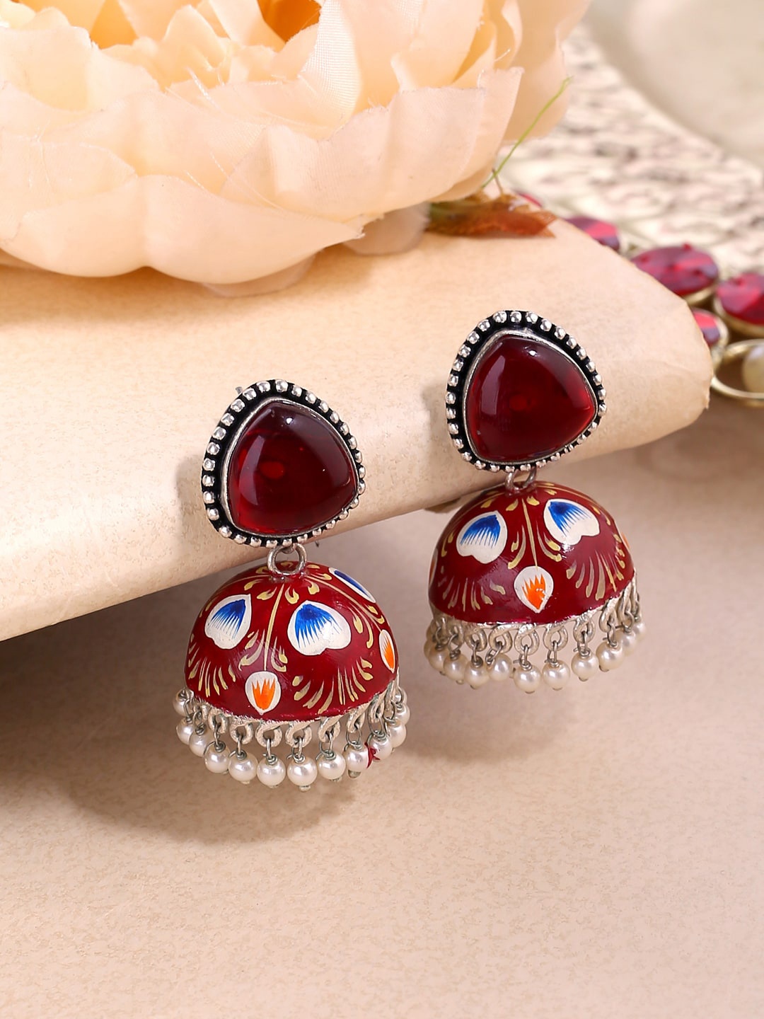 

Shoshaa Silver Plated Classic Stone Beaded Meenakari Jhumkas Earrings, Maroon