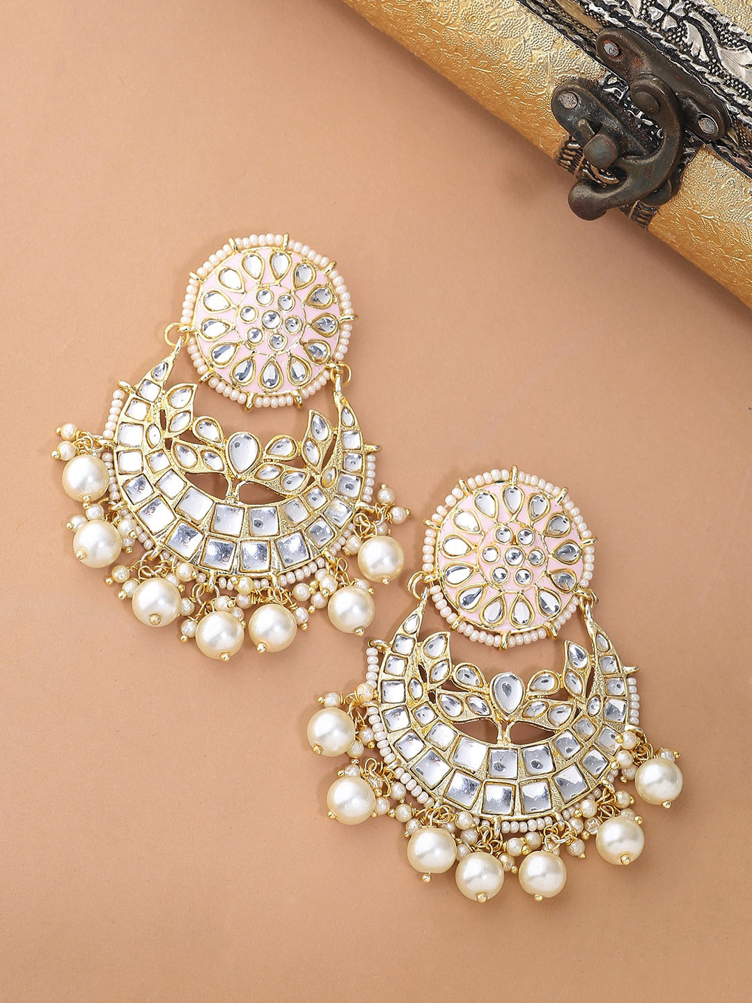 

Shoshaa Gold Plated Classic Kundan Chandbalis Earrings, Pink