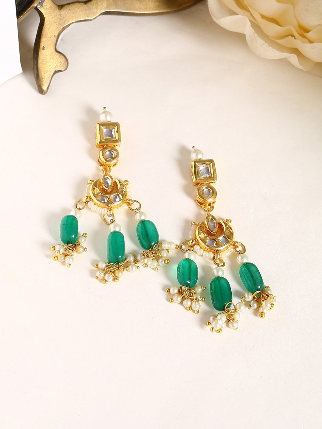 

Shoshaa Gold Plated Kundan Geometric Drop Earrings, Green