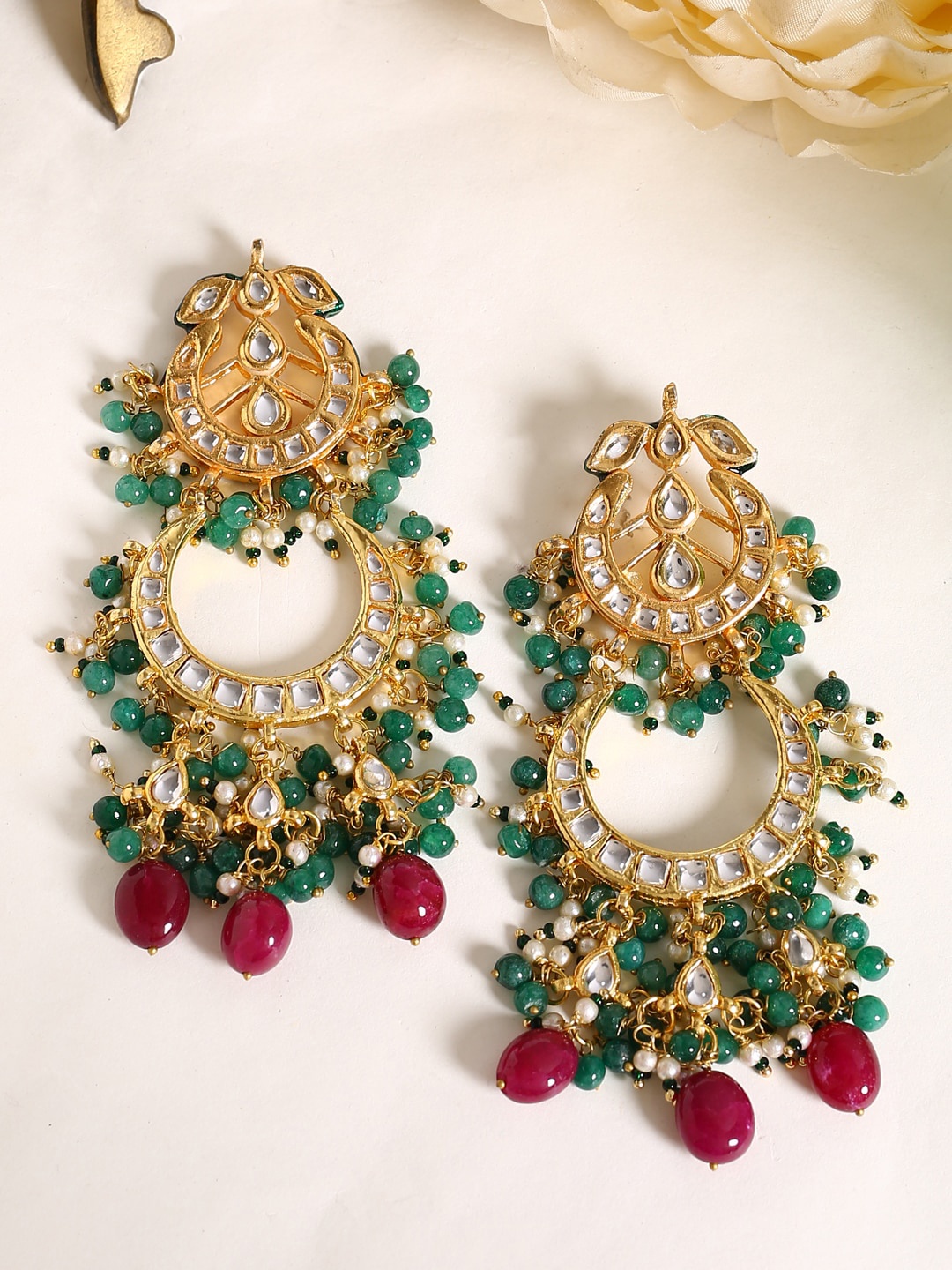 

Shoshaa Gold-Plated Kundan Classic Chandbalis Earrings, Green
