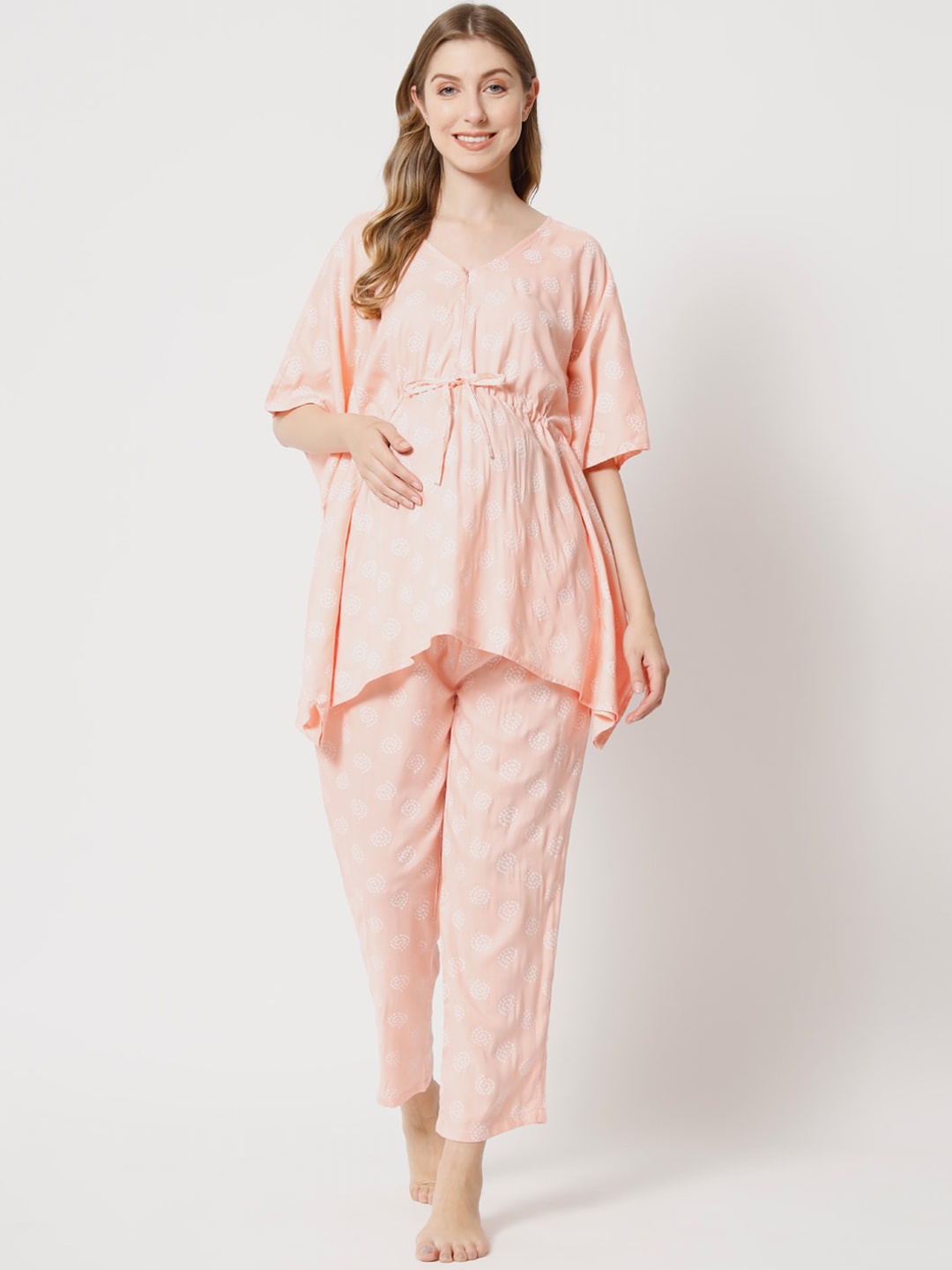 

Aujjessa Ethnic Motifs Printed Maternity Kaftan Night Suit, Peach