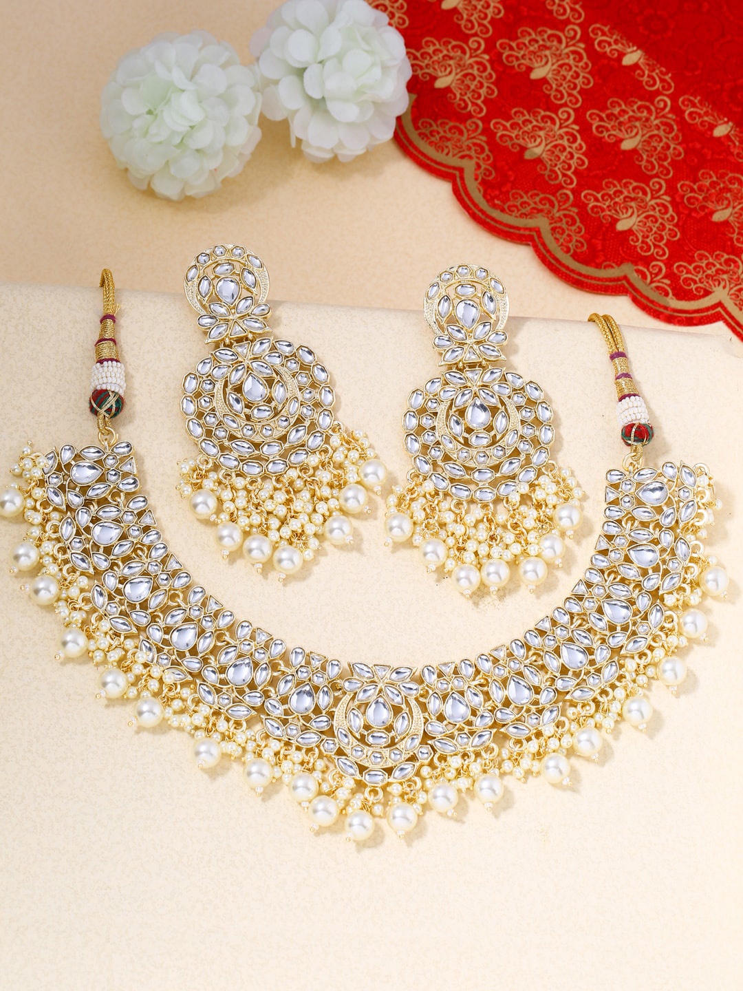 

Shoshaa Gold-Plated Kundan-Studded Beaded Jewellery Set, Off white